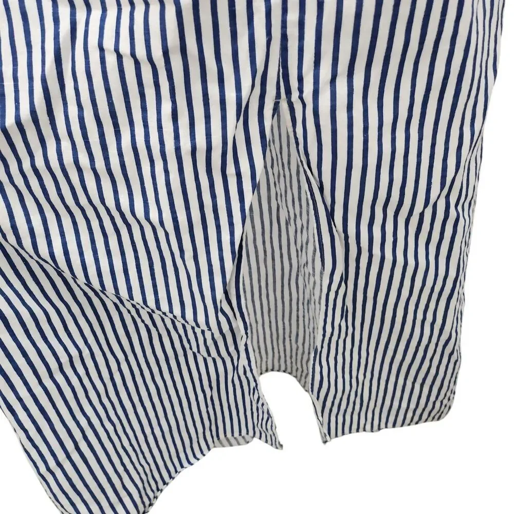 Zara Dress Small Blue White Striped Linen‎ Midi Side Slit Preppy Bloggers Fave